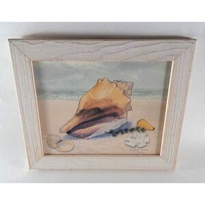 Barbara Fleri Beach Art Print Picture Framed Seashell Conch Signed 12.5x10.5